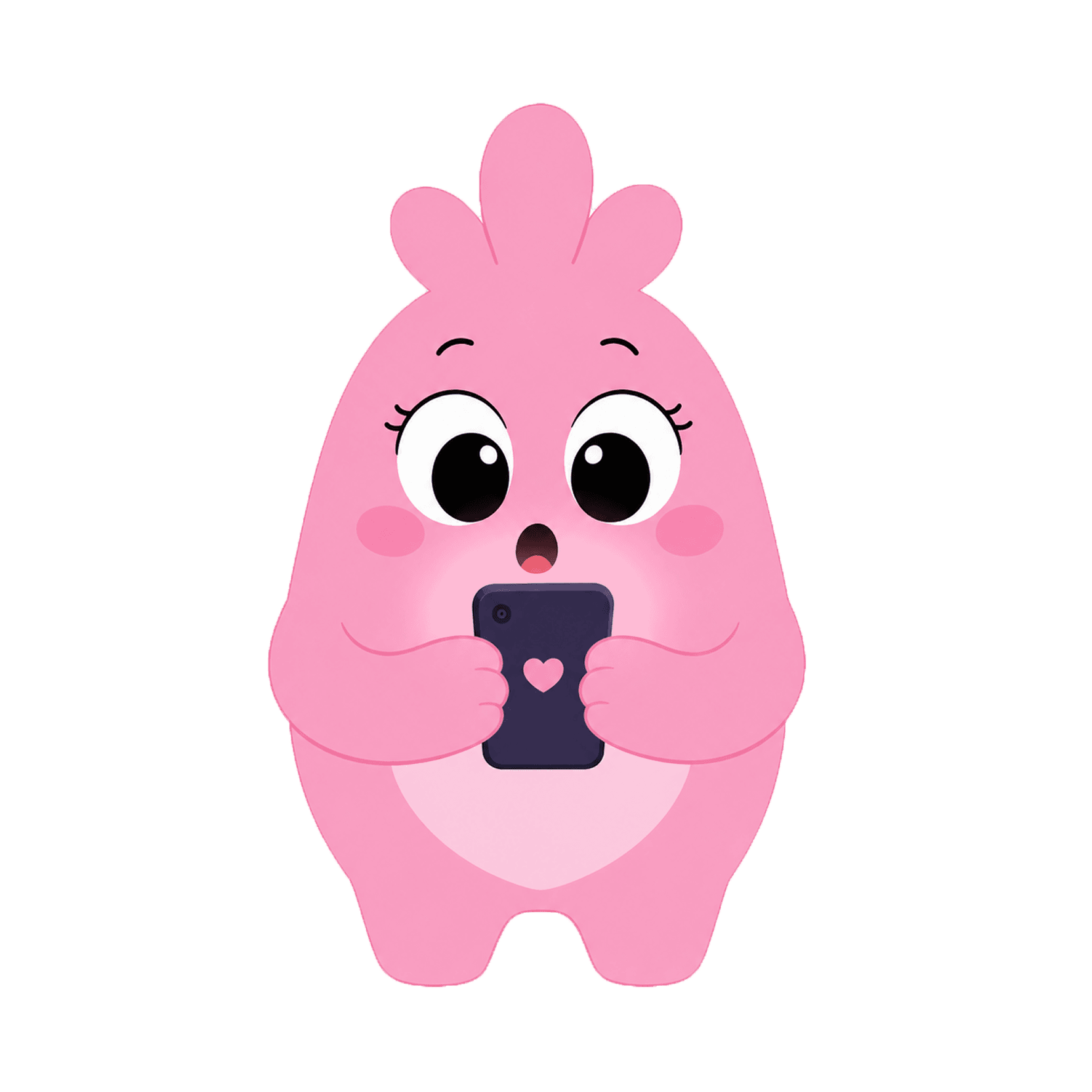 Ema, a pink mascot, peeking at a phone